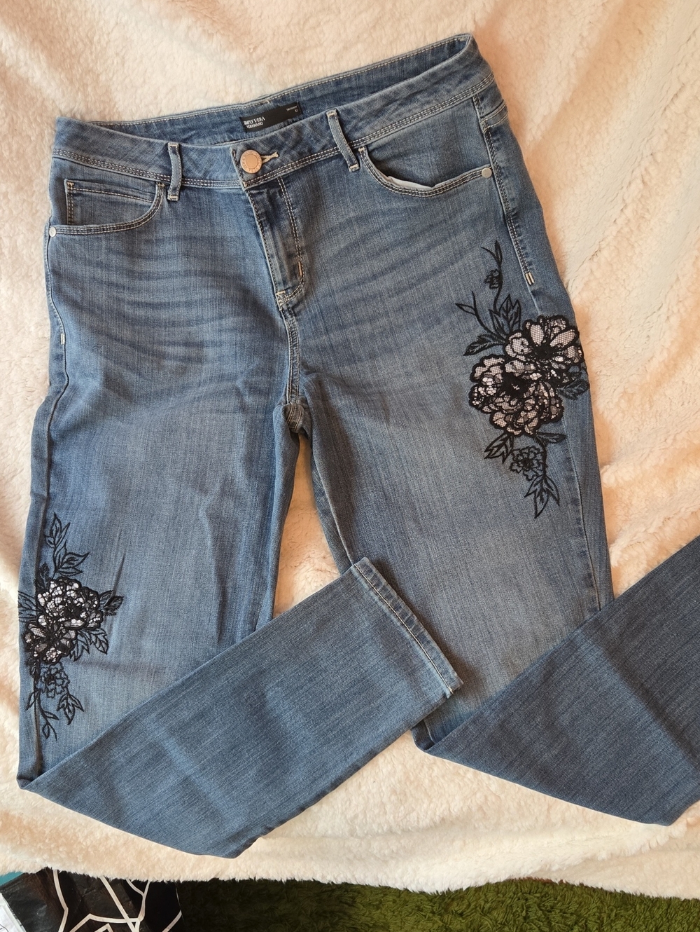 Simply Vera Wang Light Blue Skinny Jeans with Black Floral Embroidery